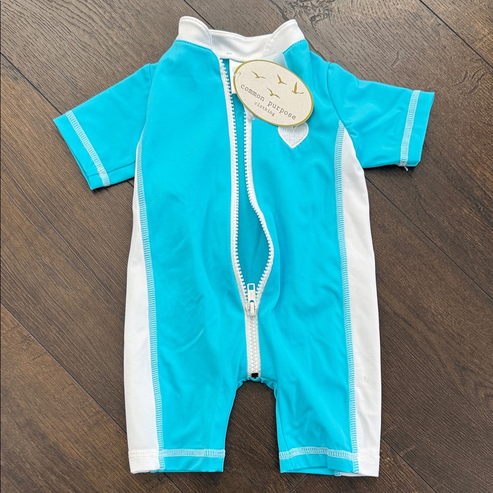 9 M - NWT - Blue and White Baby Swimsuit - UPF 50 - Full Body - Zipper